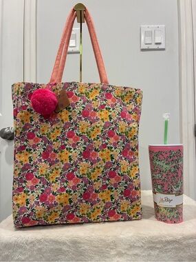 Eccolo Floral Canvas Tote Bag with Pink Pom Pom and Lilly Pulitzer Tumbler